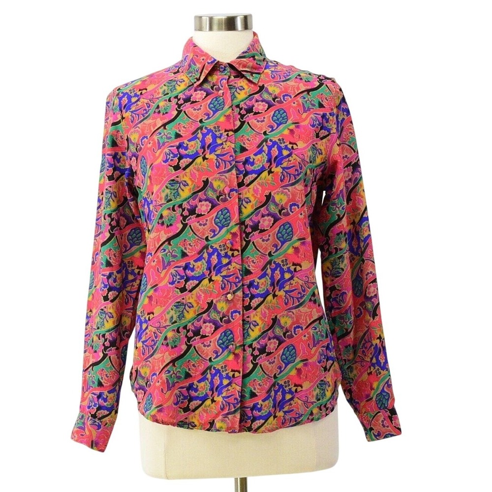 90s Vintage Silk Floral Blouse Womens S 6 Pink Psychedelic Paisley Button Up Top